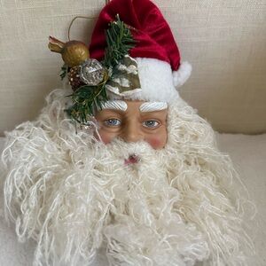 VINTAGE SANTA HEAD ORNAMENT LARGE 10” CHRISTMAS FACE BEARD HOLLY DECOR OLD
